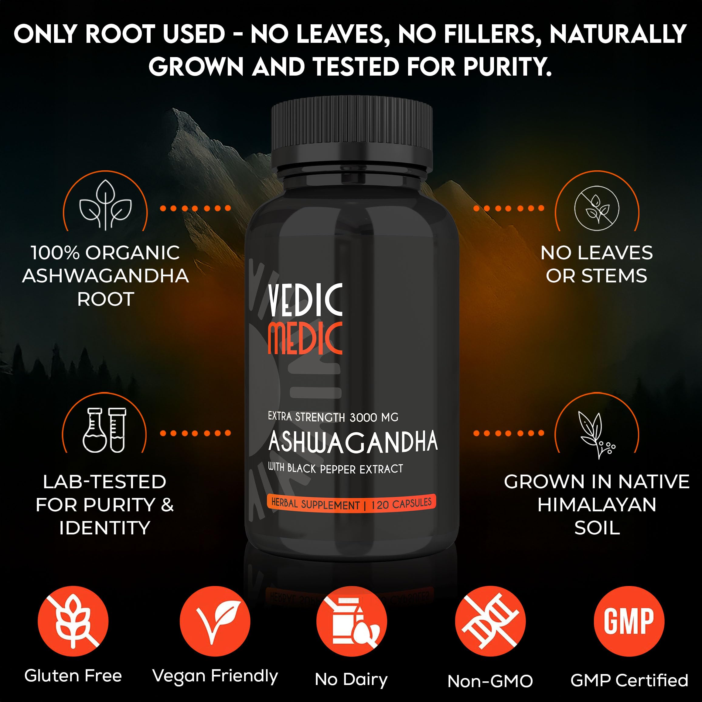 Vedic Medic Organic Ashwagandha Capsules Extra Strength 3000mg – Stress Relief, Mood & Energy Support (Vegan, Non-GMO)