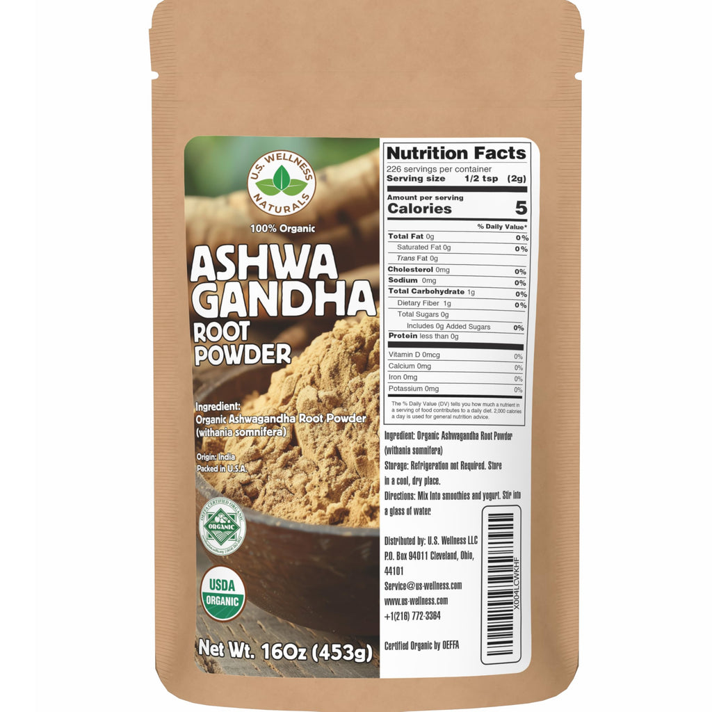 U.S. Wellness Naturals Organic Ashwagandha Root Powder – 1 lb, No Fillers, No Additives, Resealable Bag, Non-GMO