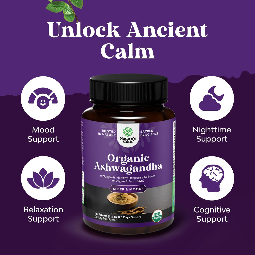 High Strength Organic Ashwagandha Supplements - Mood Support & Hormone Balance | 120 Ct