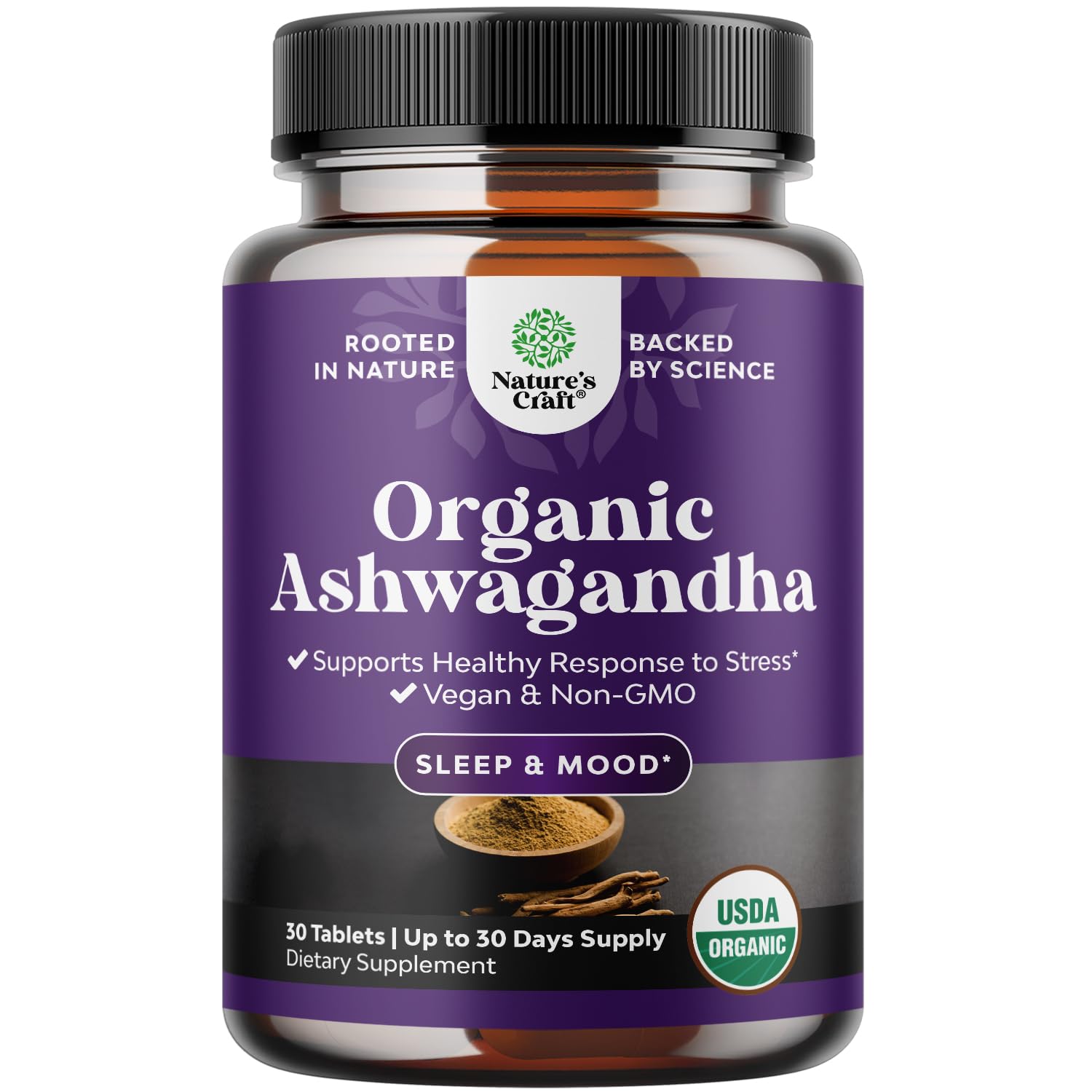 High Strength Organic Ashwagandha Tablets – Mood Support & Hormone Balance (30 Ct) with Black Pepper