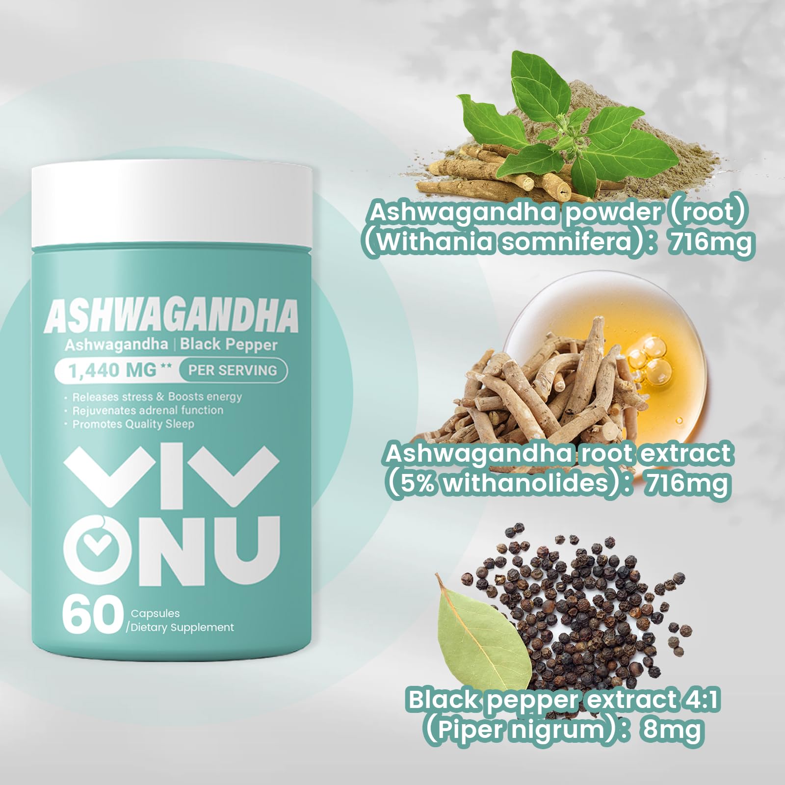 VivoNu Ashwagandha Vegan Capsules – KSM-66, Black Pepper, 60 Count
