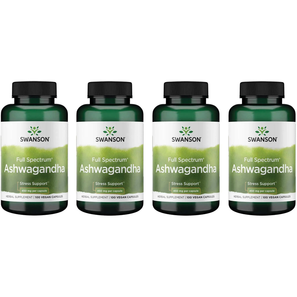 Swanson Ashwagandha Powder Supplement - Stress Relief & Energy | Ayurvedic Root 450mg, 100 Capsules, 4 Pack
