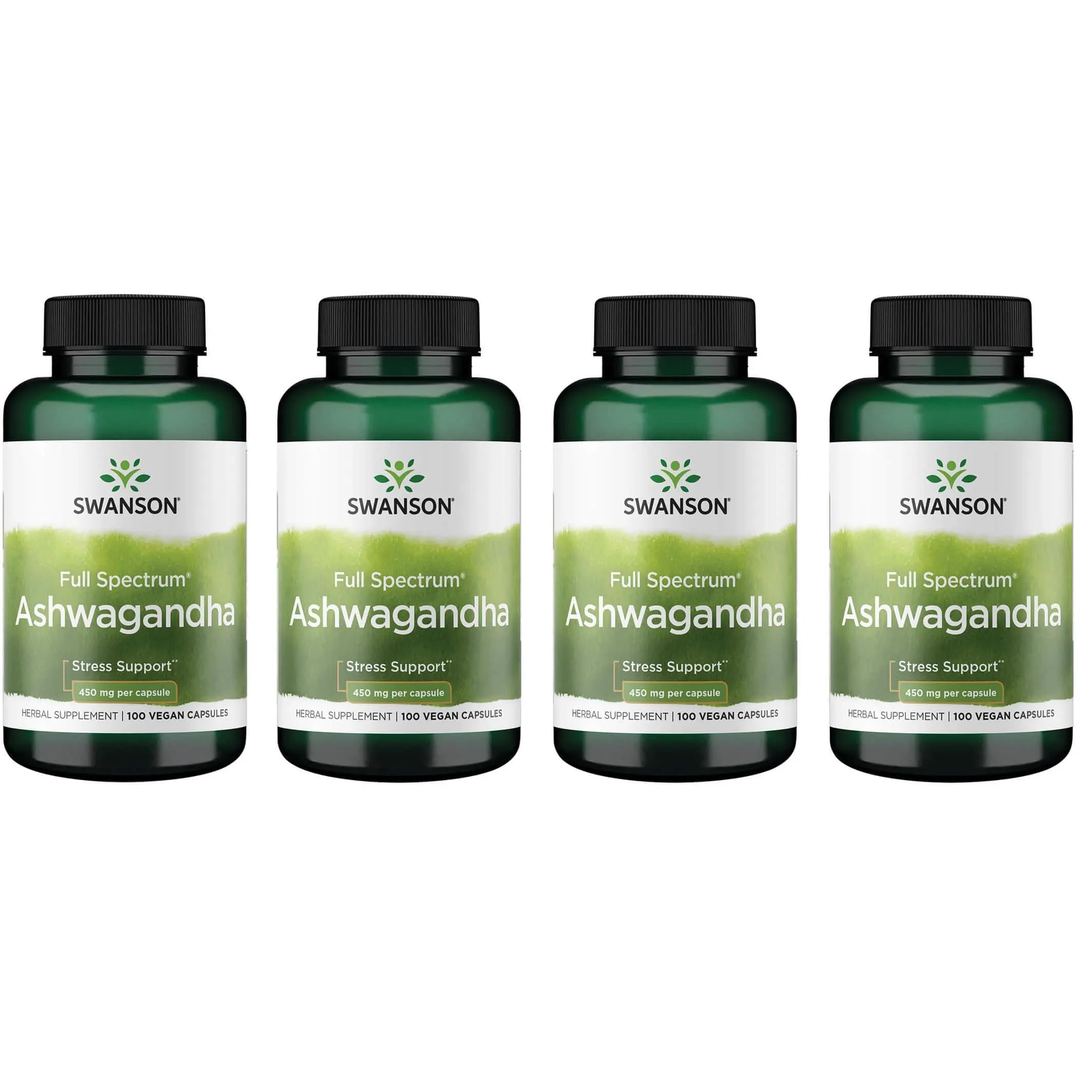 Swanson Ashwagandha Powder Supplement - Stress Relief & Energy | Ayurvedic Root 450mg, 100 Capsules, 4 Pack