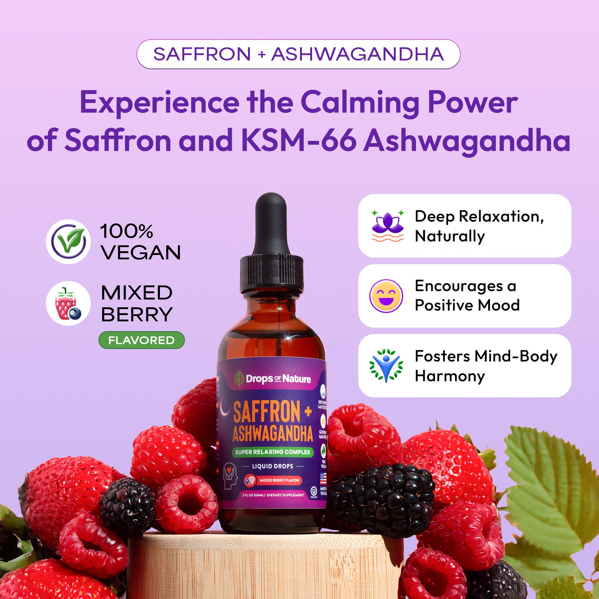 Ashwagandha & Saffron Supplement with KSM-66 – Vegan, Gluten-Free (60ml) – Mixed Berry