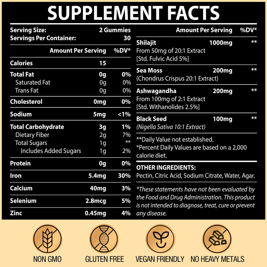 1500MG Shilajit Gummies – 4-in-1 with Ashwagandha, Sea Moss, Black Seed | Energy & Immunity | 60 Gummies