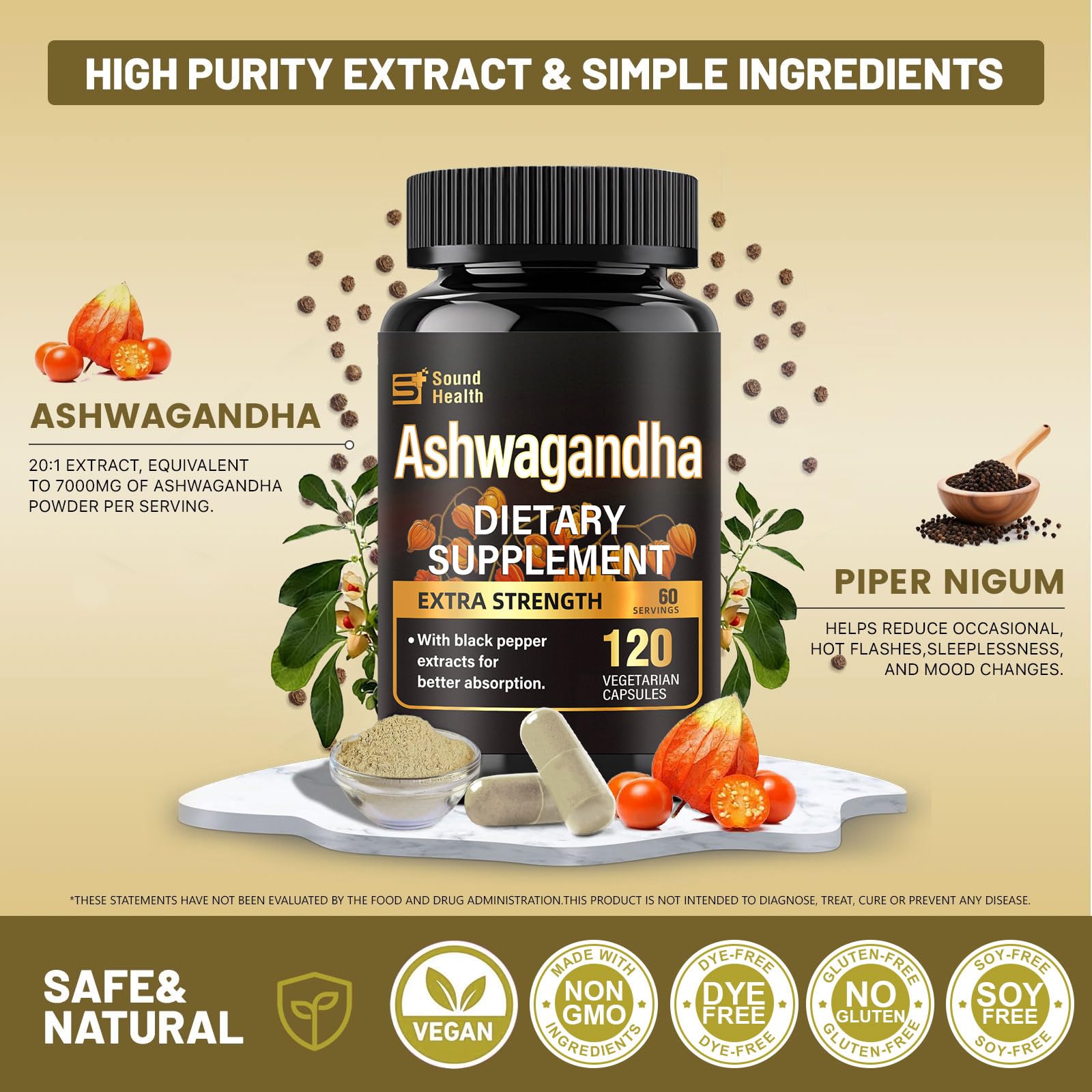 7000mg Ashwagandha 20:1 Extract Capsules – 120ct, Black Pepper, Non-GMO