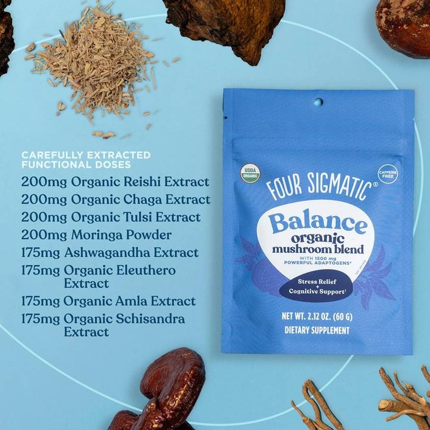 Four Sigmatic Calm Mushroom Blend | Adaptogen Supplement with Ashwagandha, Reishi, Tulsi, Cordyceps, Chaga, Rose HIPS, and More | Natural Stress Relief and Immune Support Supplement | 30 Servings