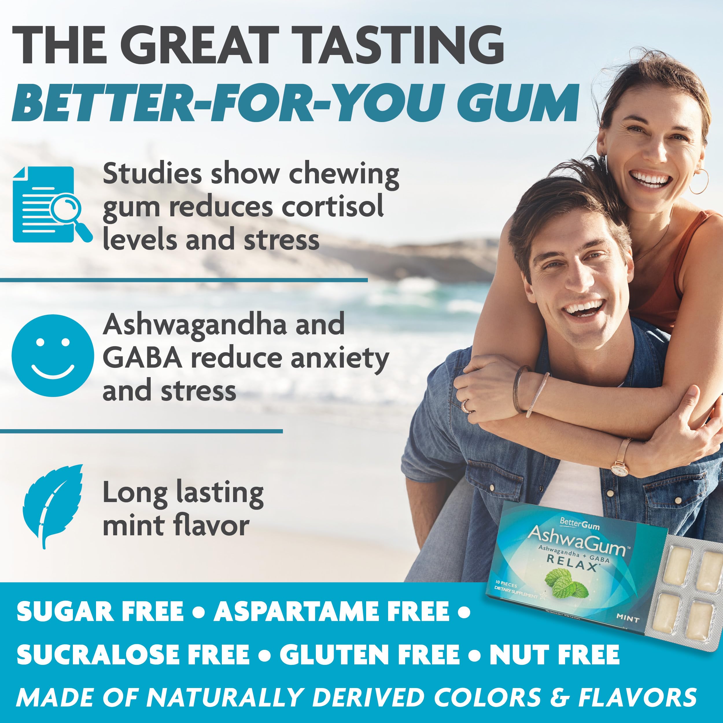AshwaGum RELAX Gum by BetterGum – High Potency Ashwagandha + GABA, Sugar-Free Stress & Cortisol Support (10 Pieces) – 6 Pack
