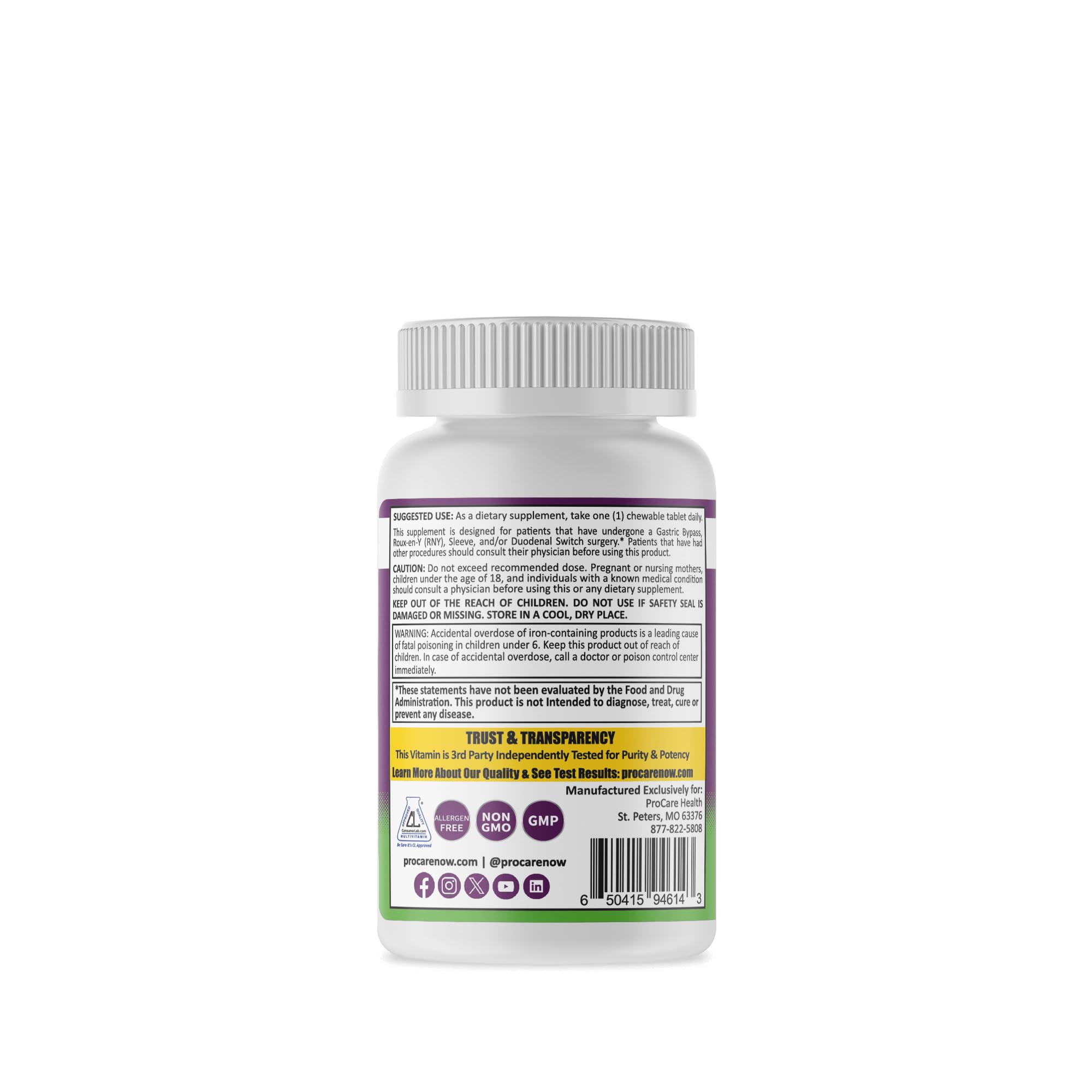 ProCare Health Bariatric Multivitamin with Iron 45mg – Fruit Punch Chewable (30 Tablets)