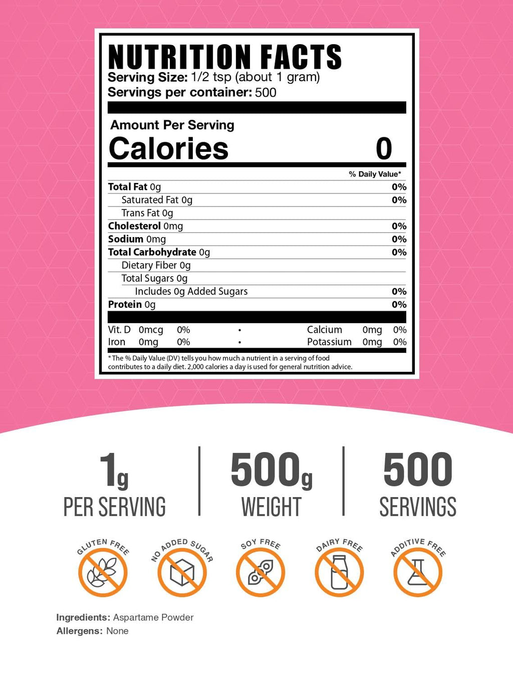 BulkSupplements.com Aspartame Powder - Sugar Substitute, Gluten Free, 500g, 1g Serving