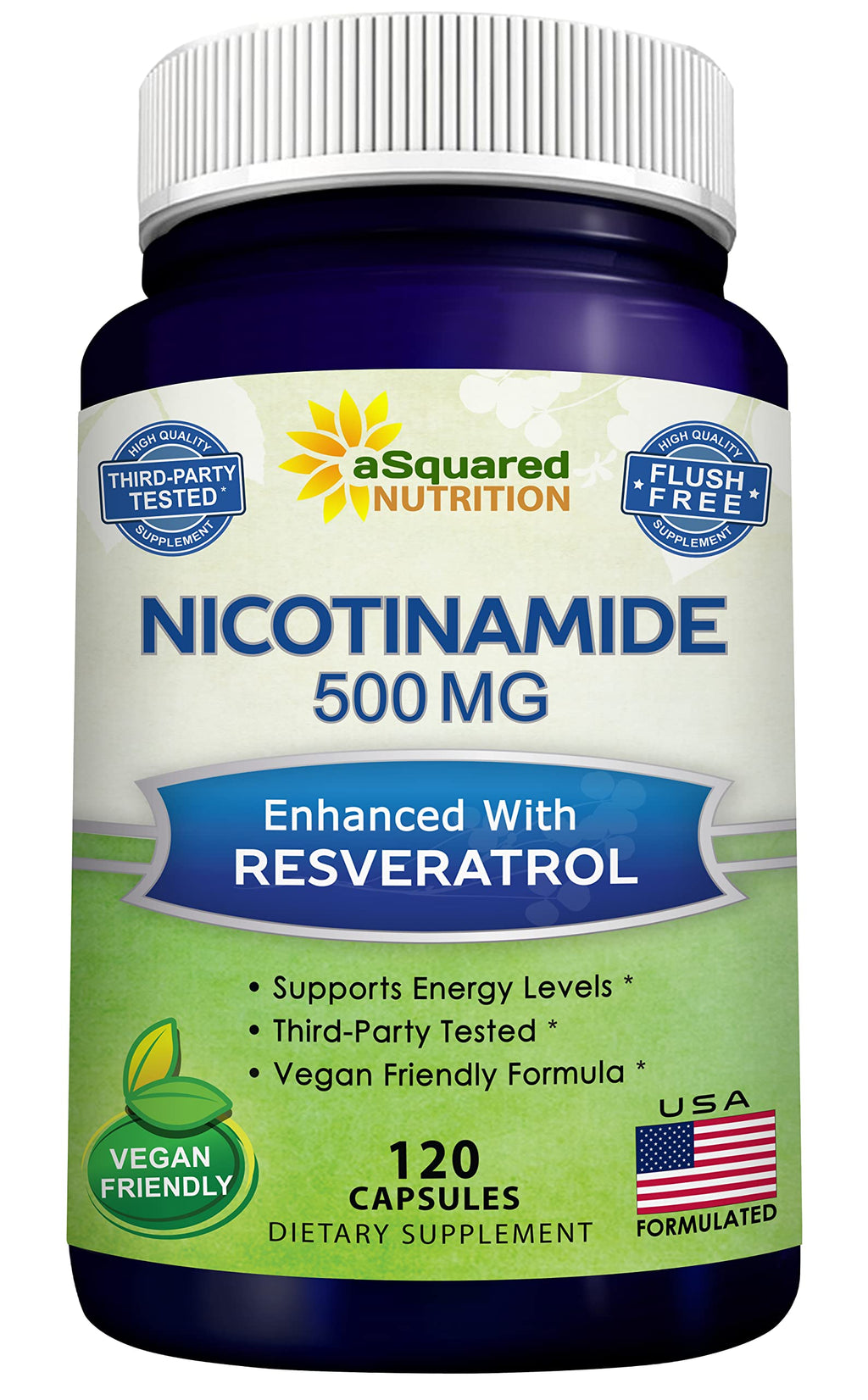 aSquared Nutrition Nicotinamide + Resveratrol - 120 Veggie Capsules | Vitamin B3 500mg (Nicotinamide Flush Free)