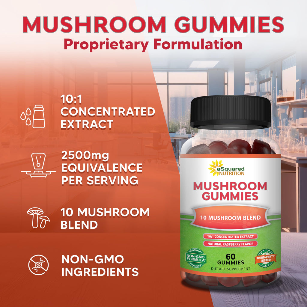 aSquared Nutrition Mushroom Gummies - 10x Complex Mushroom Blend for Energy, Focus & Immune Support