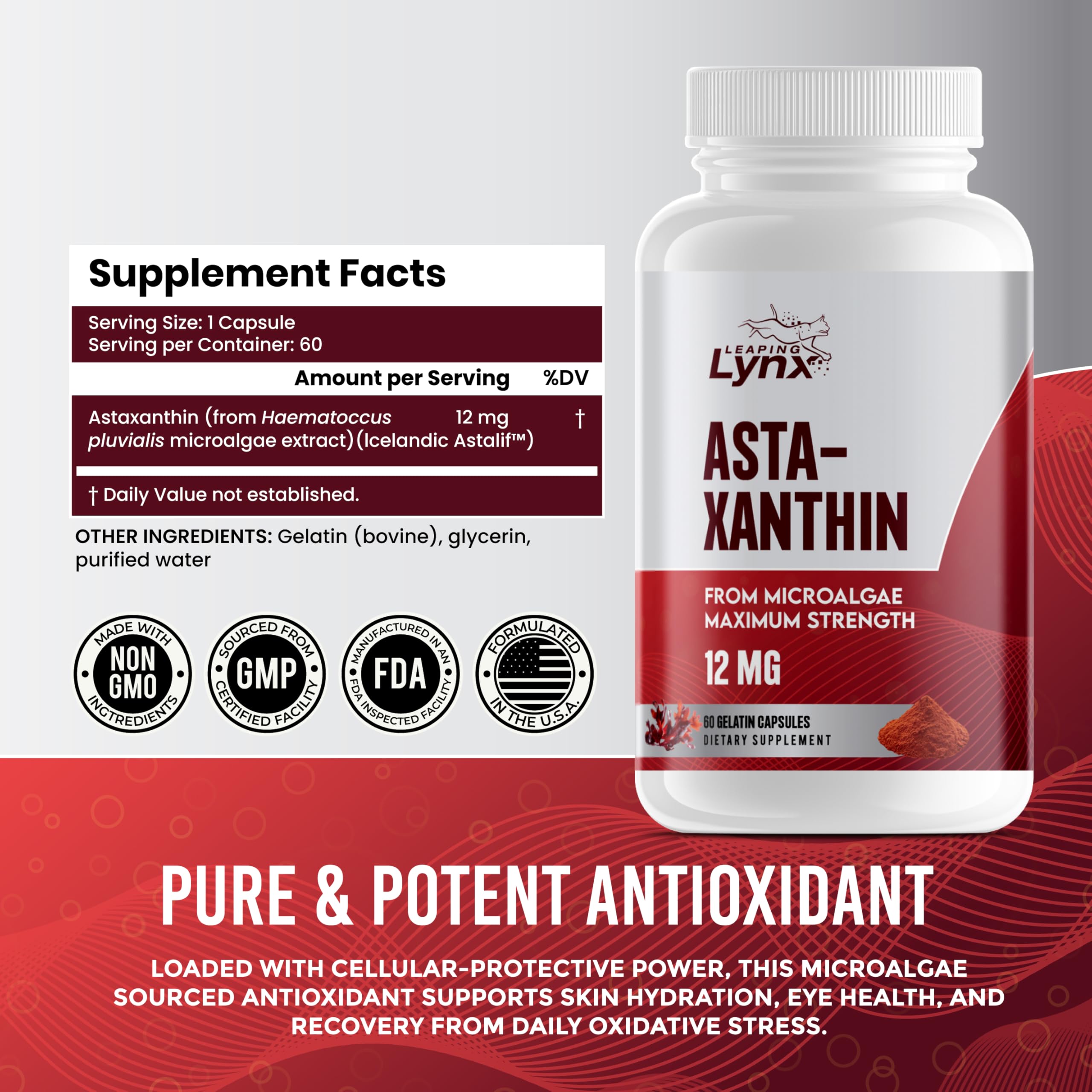 Astaxanthin 12mg – 60-Day Non-GMO Antioxidant for Skin, Eyes & Cellular Health