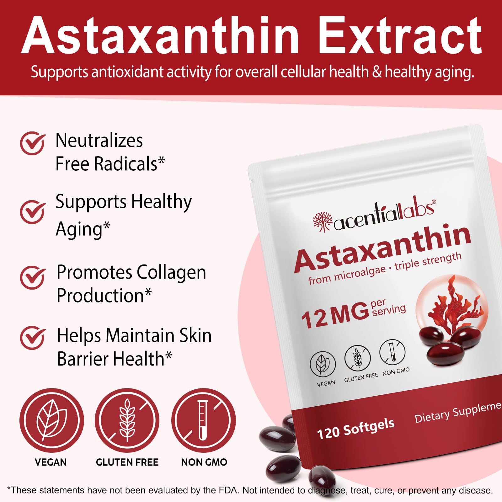 Astaxanthin 12mg Softgels – 4 Month Supply | Ultra-Pure Antioxidant Formula from Natural Microalgae