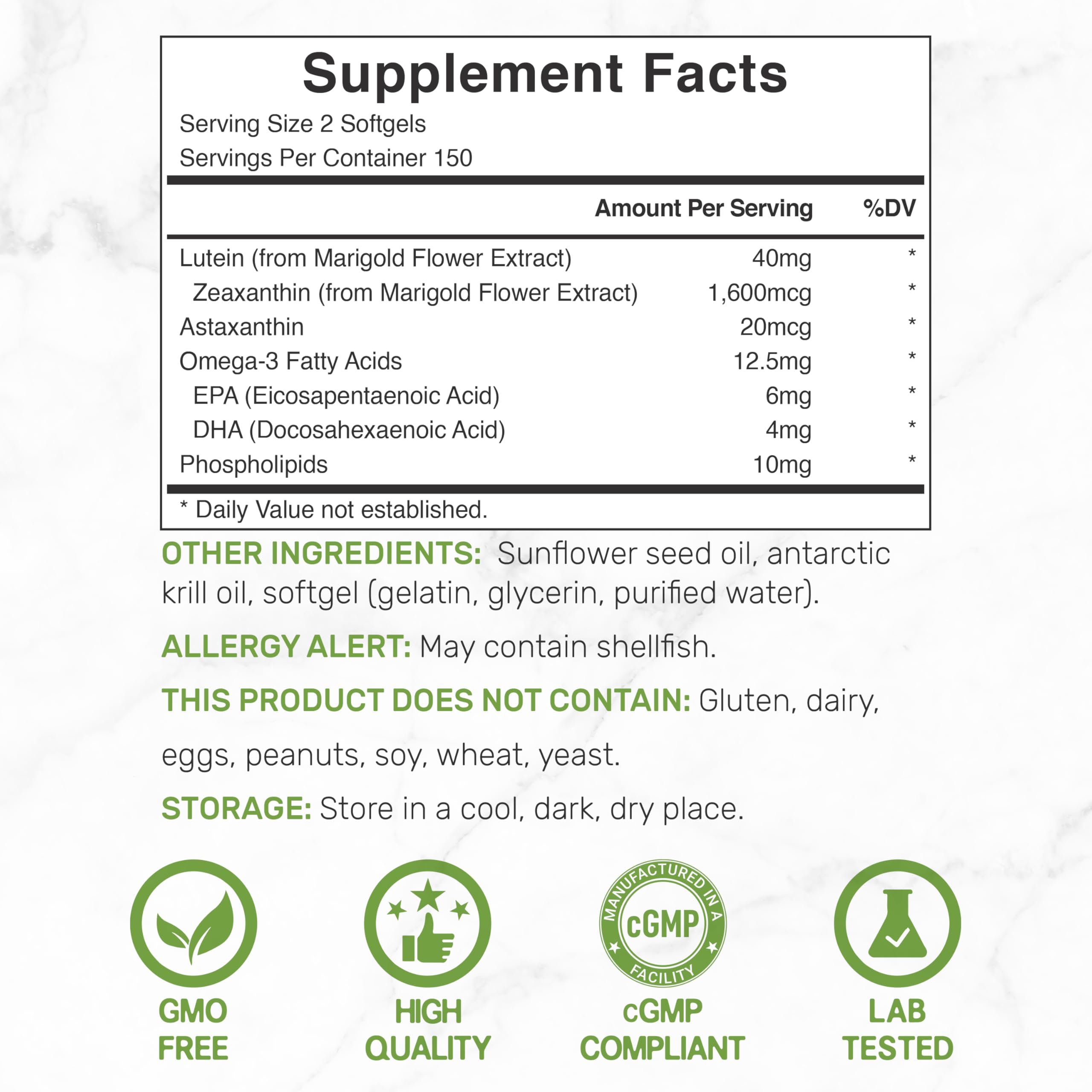 Lutein & Zeaxanthin Supplements - 40mg per Serving, 300 Softgels - Non-GMO