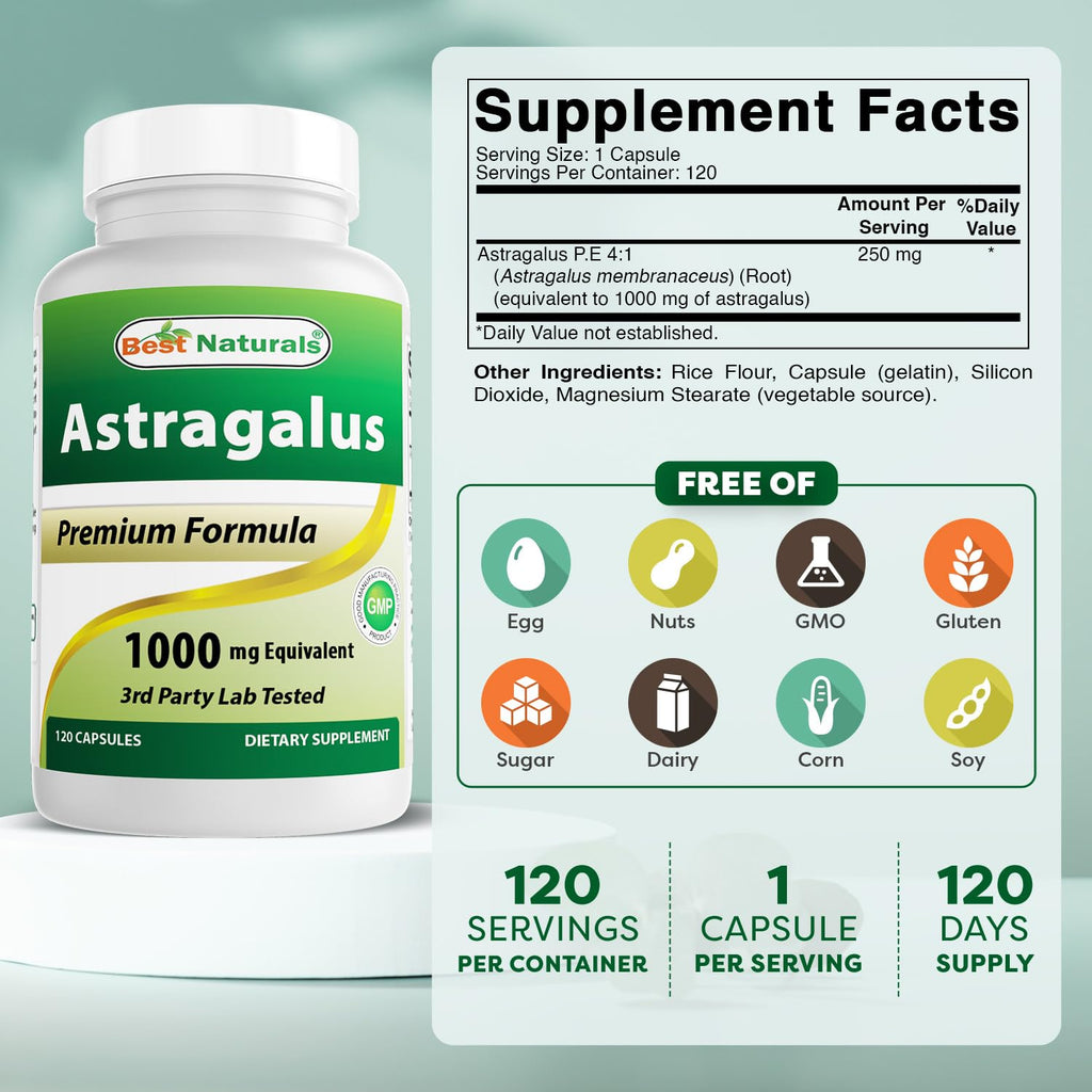 Best Naturals Astragalus Capsule 1000 mg – 120 Count (Pack of 2)