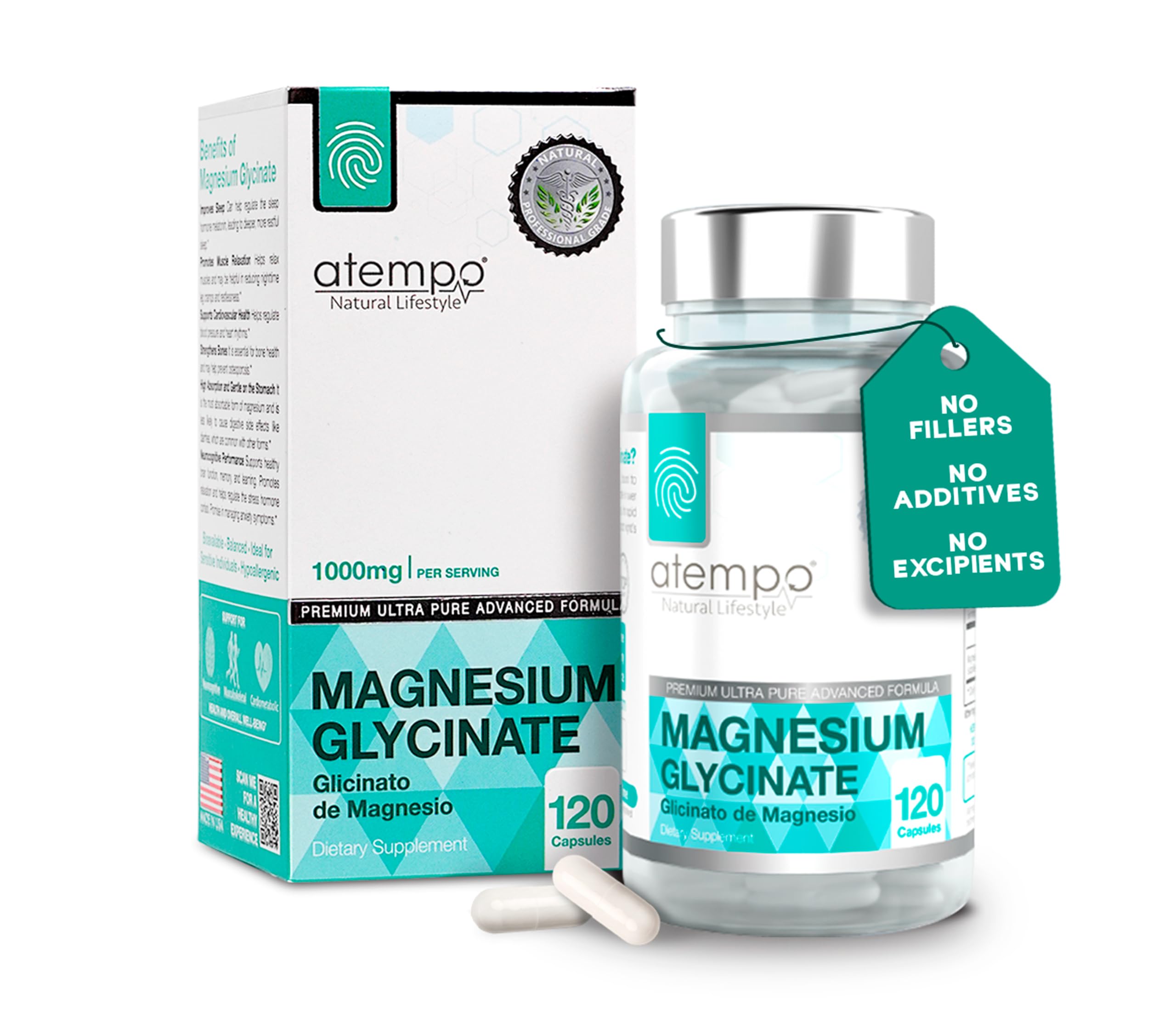 Atempo Magnesium Glycinate 1000mg – Chelated Capsule for Muscle Relaxation, Heart & Nerve Support | Vegan 120 Caps