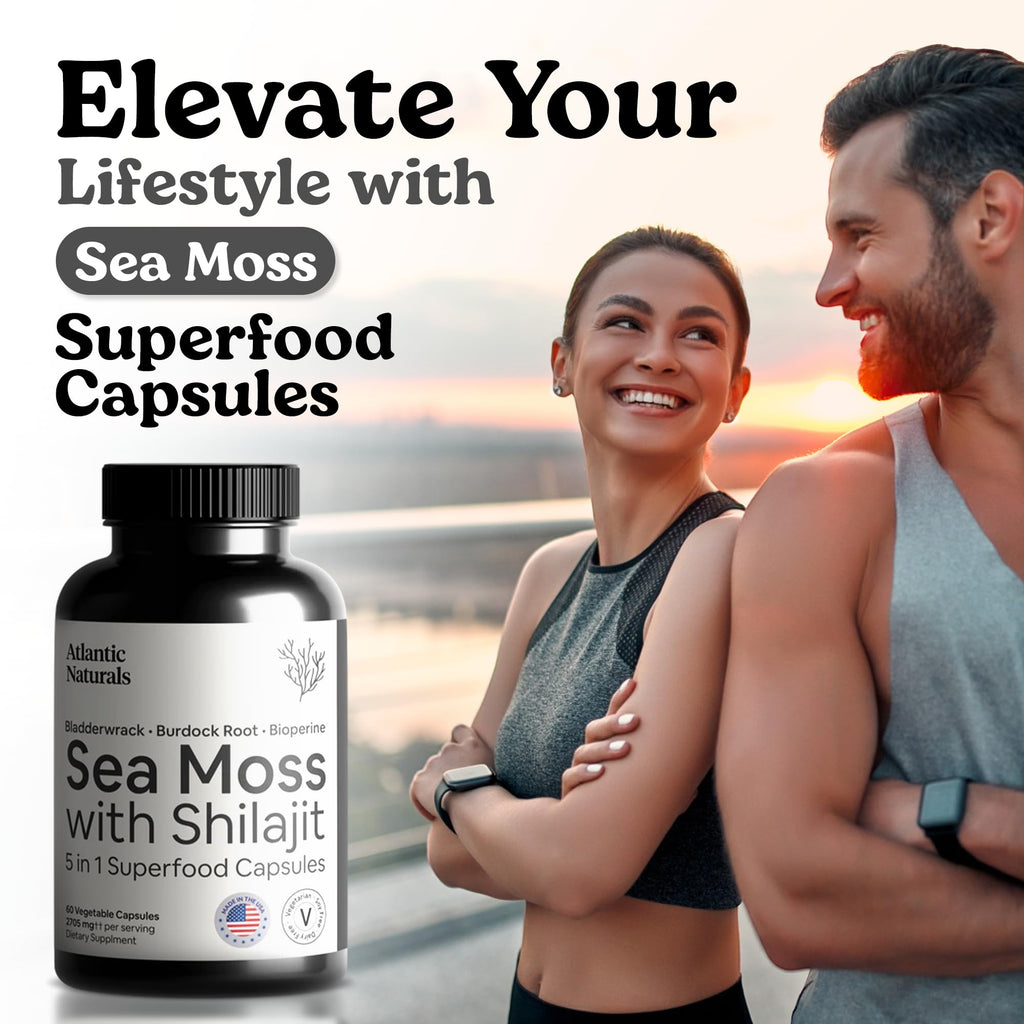 Atlantic Naturals Sea Moss + Shilajit Capsules – 5-in-1 Blend with Bladderwrack, Burdock Root & Black Pepper (60 ct, 2705 mg)