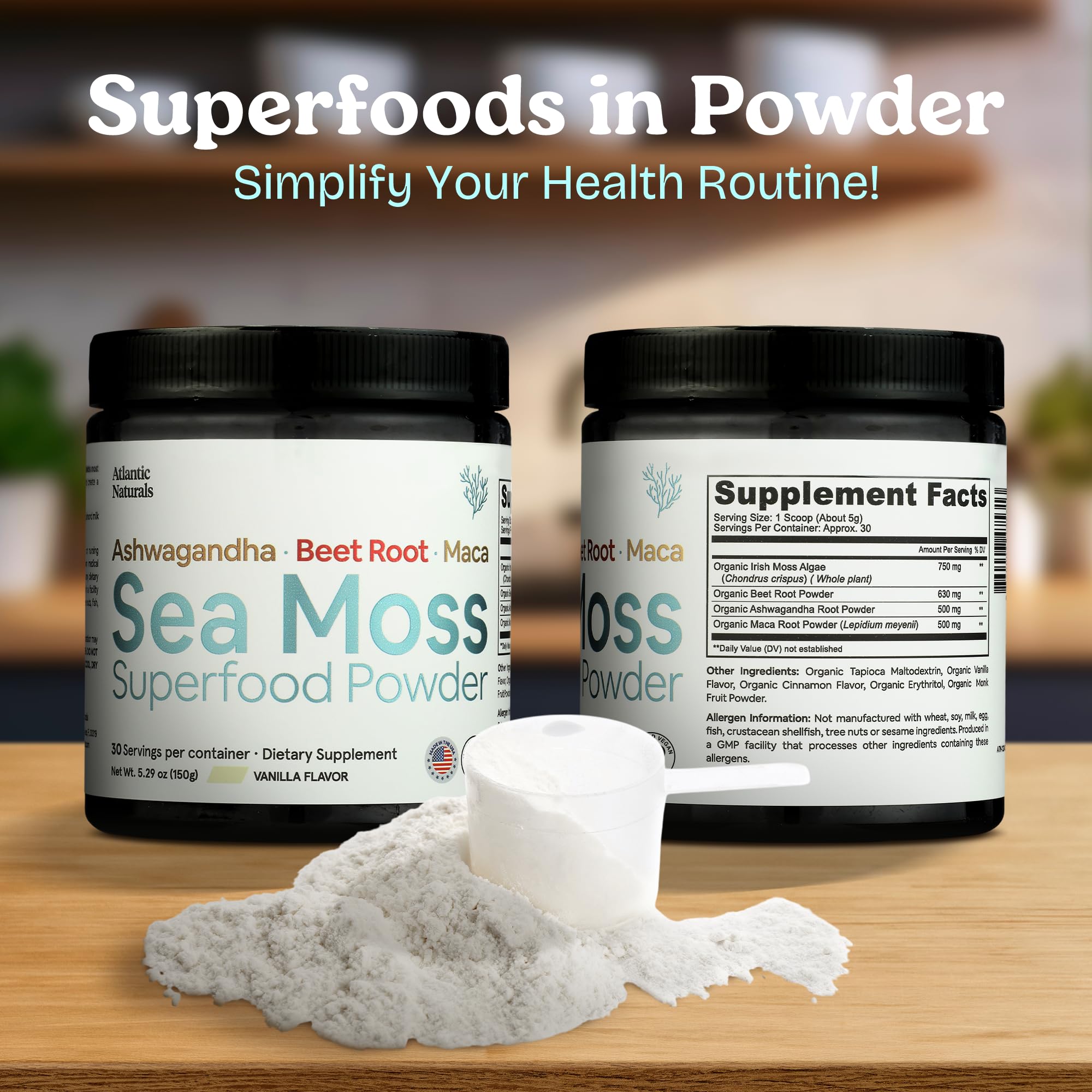Atlantic Naturals Sea Moss Superfood Powder with Ashwagandha, Beet Root & Maca – Vanilla (150g)