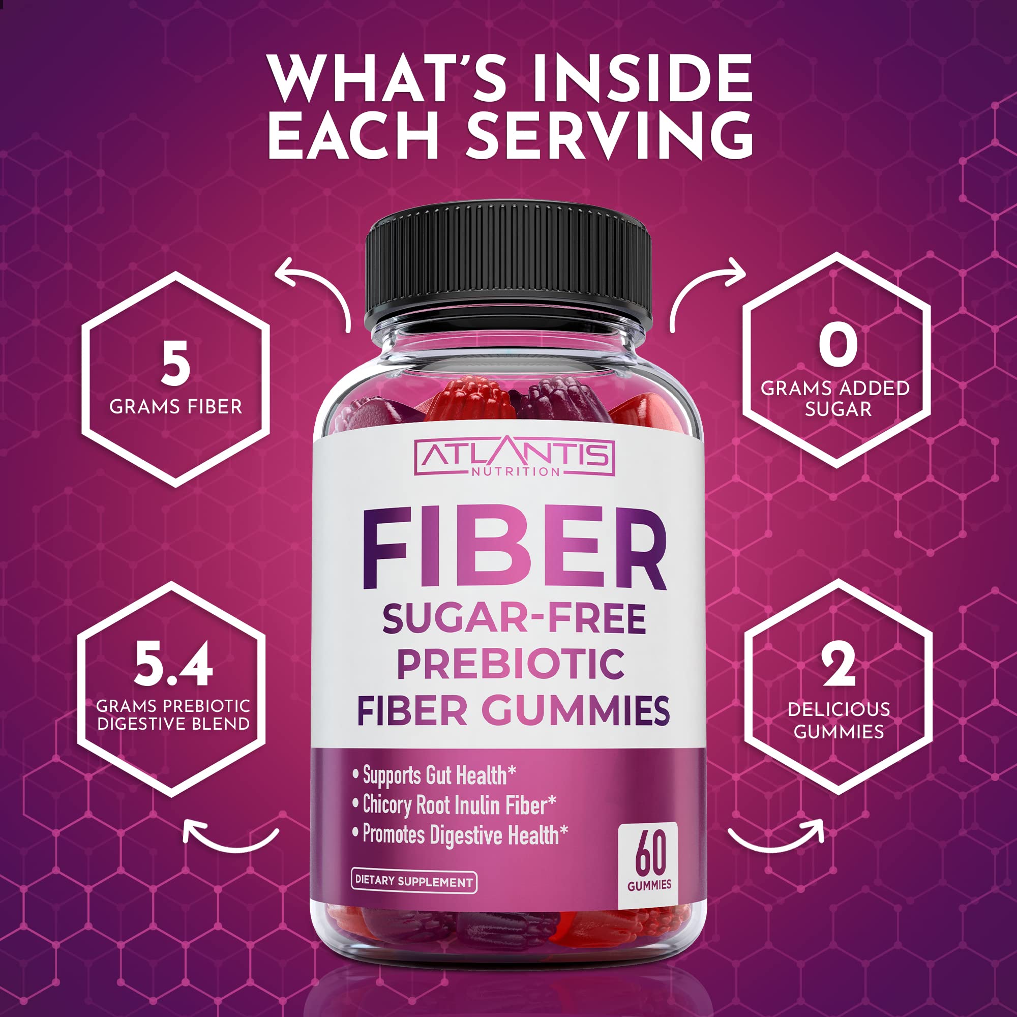 Atlantis Nutrition Sugar Free Fiber Gummies for Adults – 5G Fiber + 5.4G Prebiotic Digestive Blend (2-Pack, 120 Gummies)