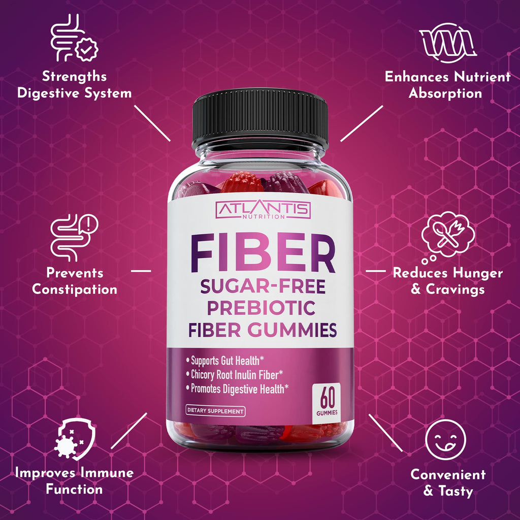 Atlantis Nutrition Sugar Free Fiber Gummies for Adults – 5G Fiber + 5.4G Prebiotic Digestive Blend (2-Pack, 120 Gummies)