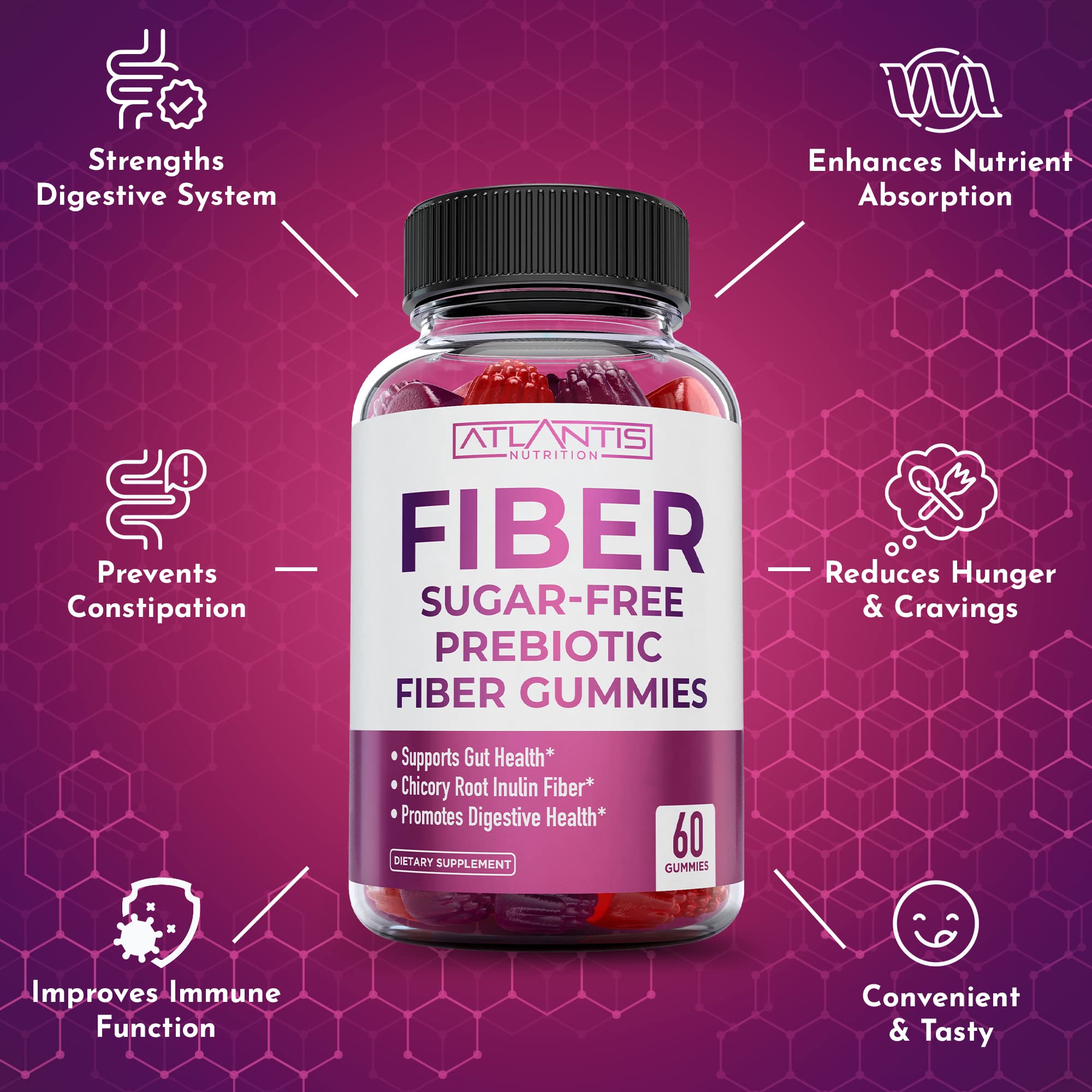 Atlantis Nutrition Sugar Free Fiber Gummies for Adults – 5G Fiber + 5.4G Prebiotic Digestive Blend (2-Pack, 120 Gummies)