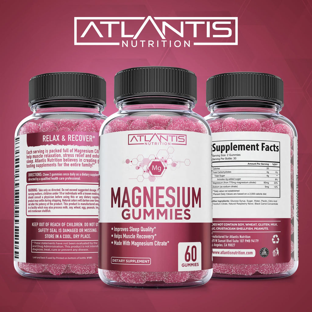 Atlantis Nutrition Magnesium Citrate Gummies – 770mg Magnesium Citrate for Kids & Adults | Supports Muscle Recovery, Eases Cramps, Promotes Calmness & Better Sleep | 60 Vegan Gummies