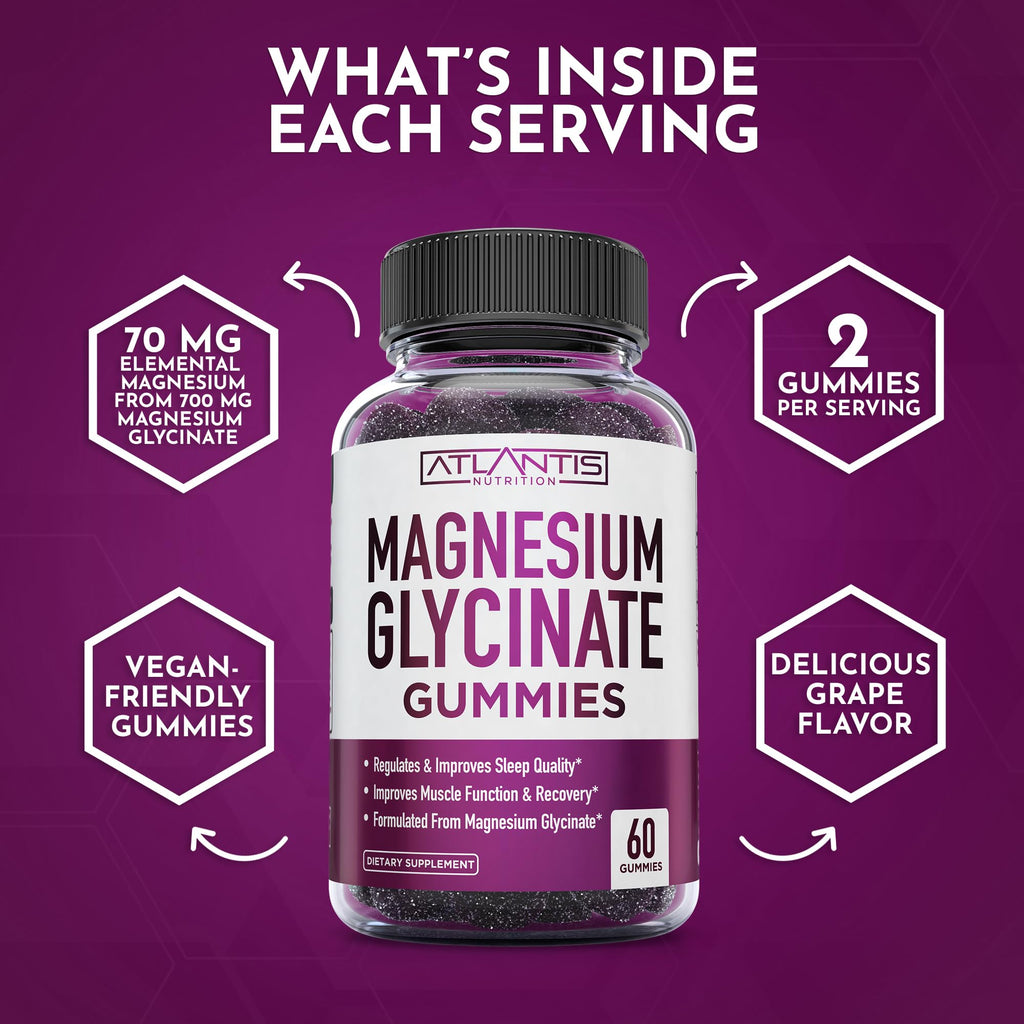 Atlantis Nutrition Magnesium Glycinate Gummies 700mg – Vegan Magnesium Glycinate for Kids & Adults | Sleep & Muscle Support | 60 Count
