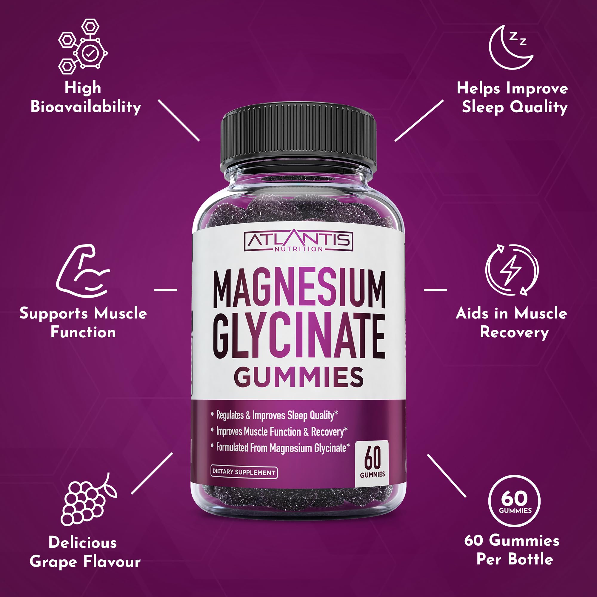 Atlantis Nutrition Magnesium Glycinate Gummies 700mg – Vegan Magnesium Glycinate for Kids & Adults | Sleep & Muscle Support | 60 Count