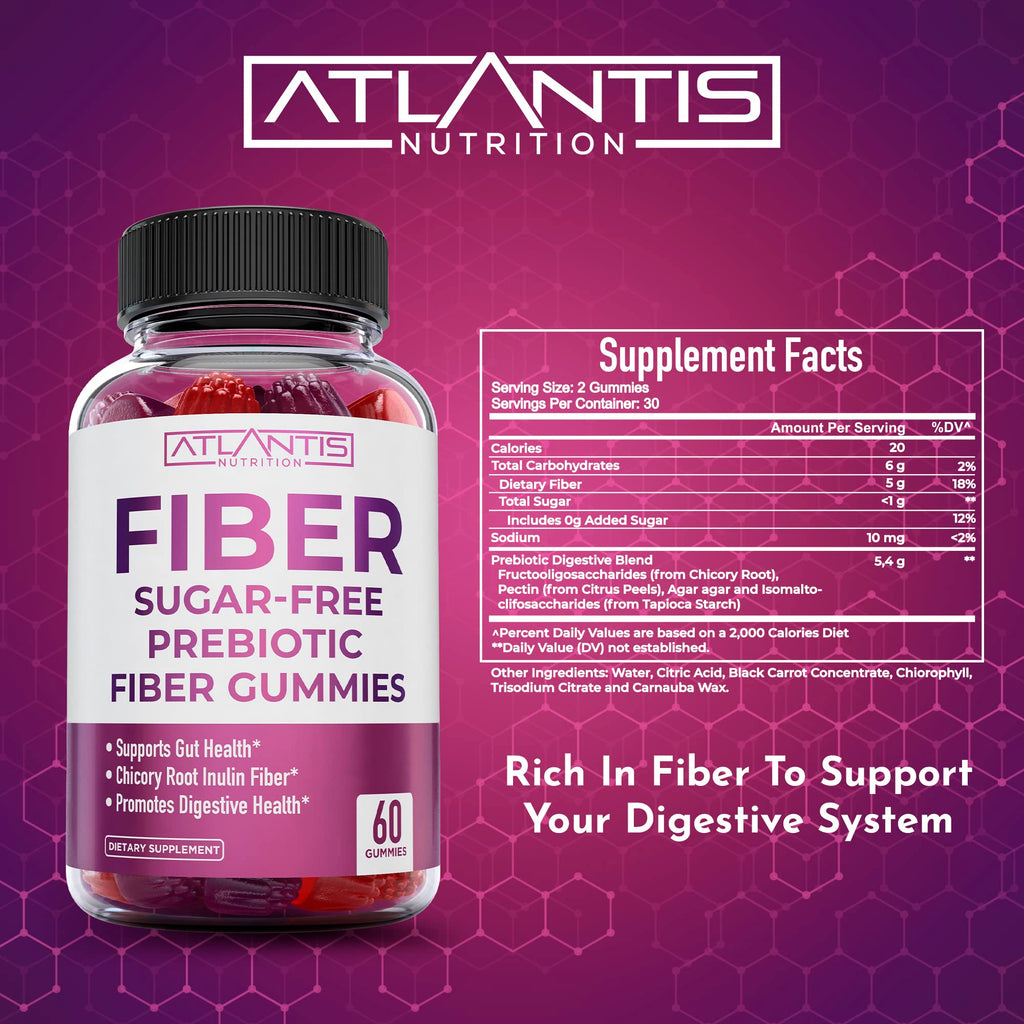 Atlantis Nutrition Sugar Free Fiber Gummies for Adults – 5G Fiber + 5.4G Prebiotic Digestive Blend (2-Pack, 120 Gummies)