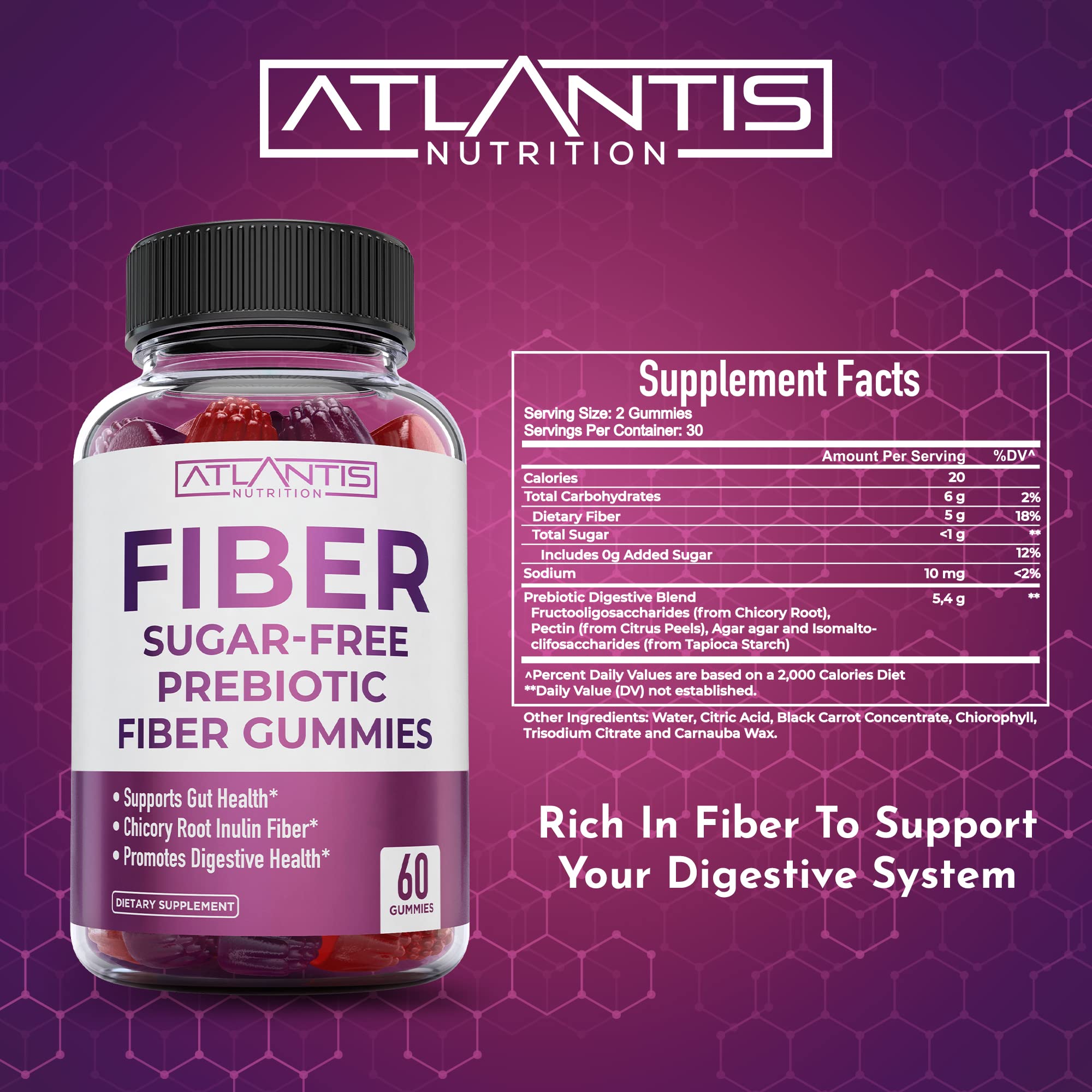 Atlantis Nutrition Sugar Free Fiber Gummies for Adults – 5G Fiber + 5.4G Prebiotic Digestive Blend (2-Pack, 120 Gummies)
