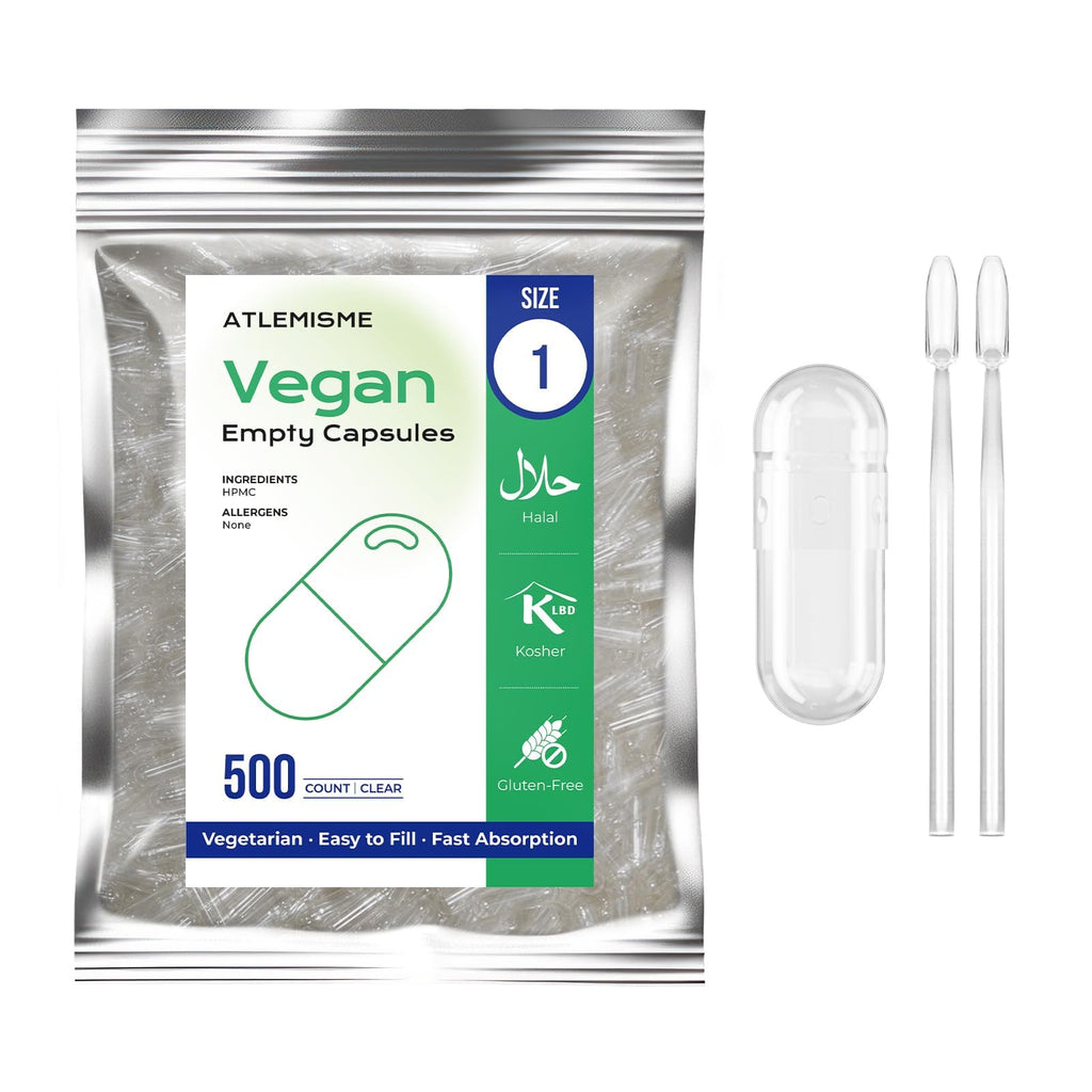 ATLEMISME Empty Vegan Capsules Size 1 – 500-Count DIY Capsules for Filling | Includes 2 Micro Lab Spoons