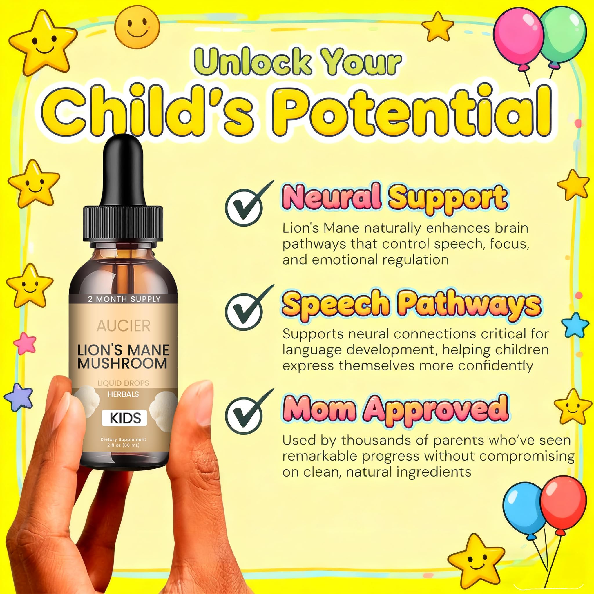 AUCIER Lions Mane for Kids – Speech Delay & Cognitive Support (Easy-Take Liquid)