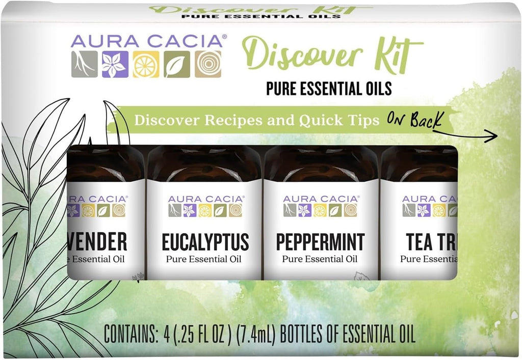 Aura Cacia Discover Essential Oils Kit – 4-Pack Starter Set (Lavender, Eucalyptus, Peppermint & Tea Tree)