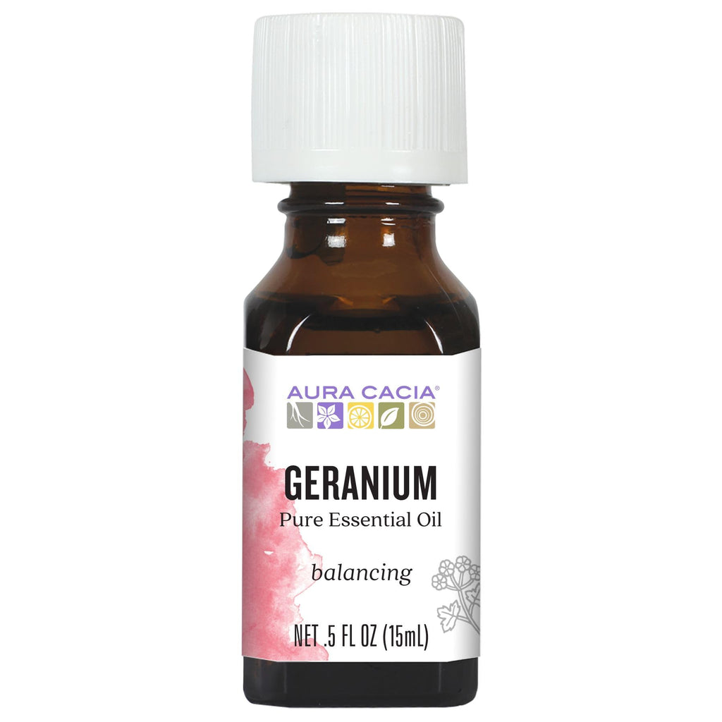 Aura Cacia 100% Pure Geranium Essential Oil | GC/MS Tested for Purity | 15 ml (0.5 fl oz) | Pelargonium graveolens