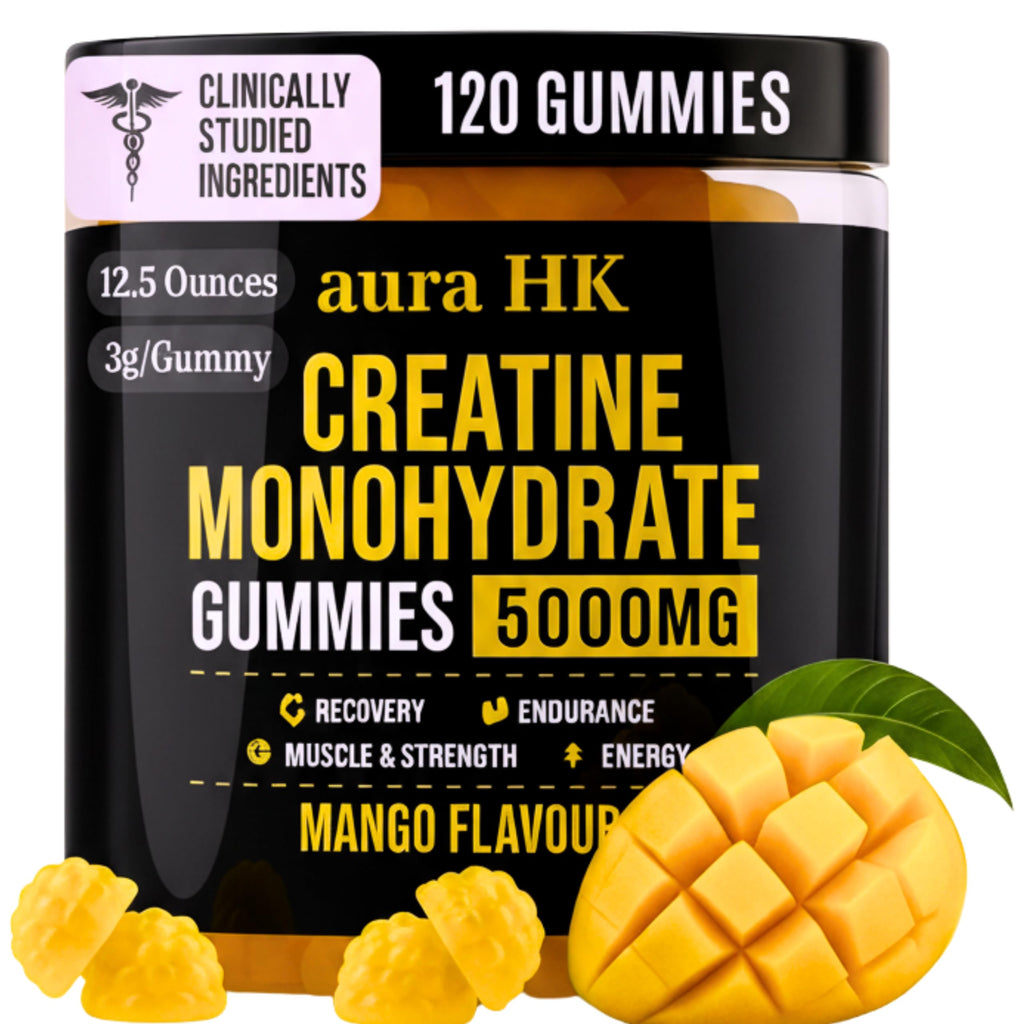 aura HK Creatine Monohydrate Gummies 5000mg 120 Count Sugar Free for Men & Women - Mango Flavor Vegan Creatine Supplement for Muscle Strength, Energy, Endurance & Workout Gummies