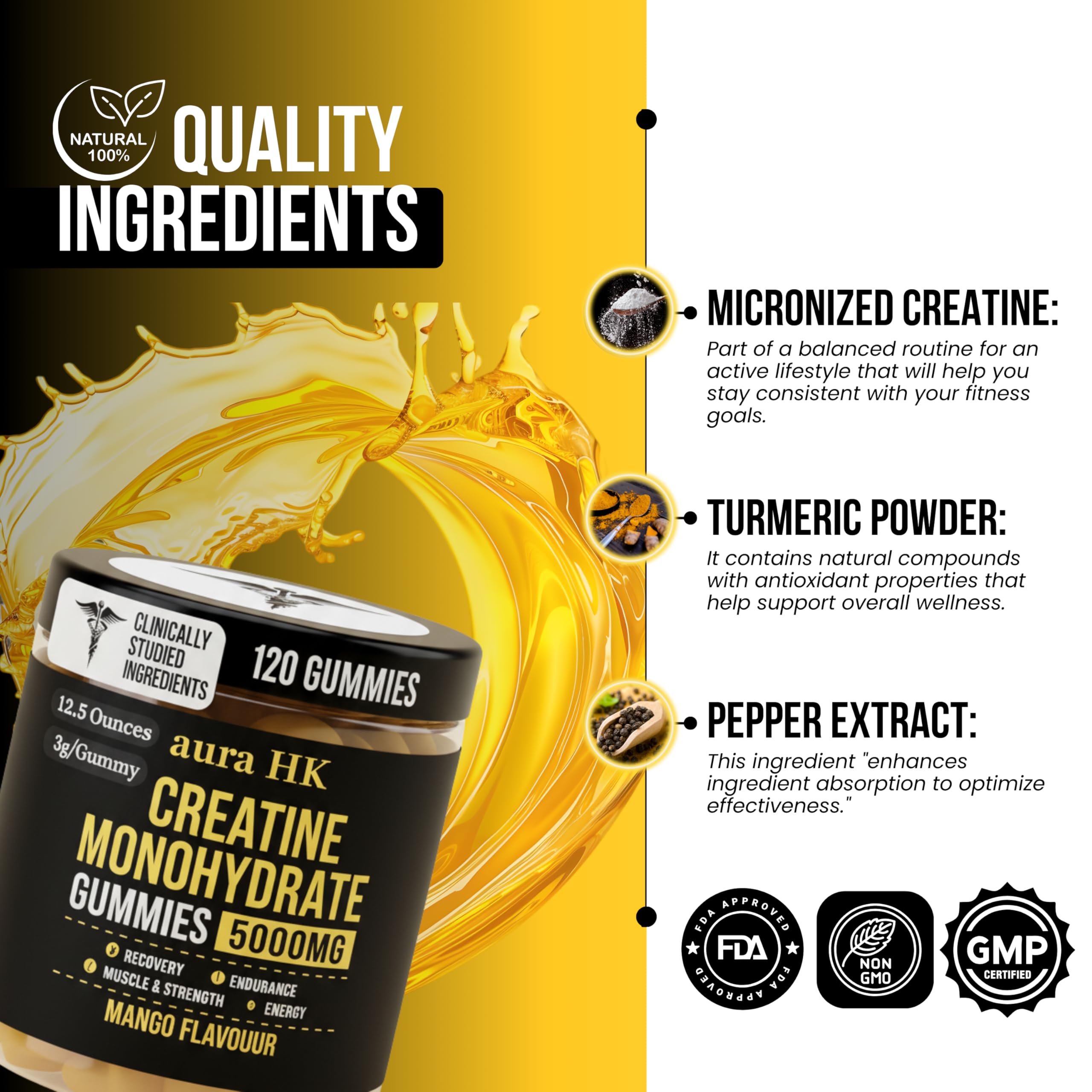aura HK Creatine Monohydrate Gummies 5000mg 120 Count Sugar Free for Men & Women - Mango Flavor Vegan Creatine Supplement for Muscle Strength, Energy, Endurance & Workout Gummies