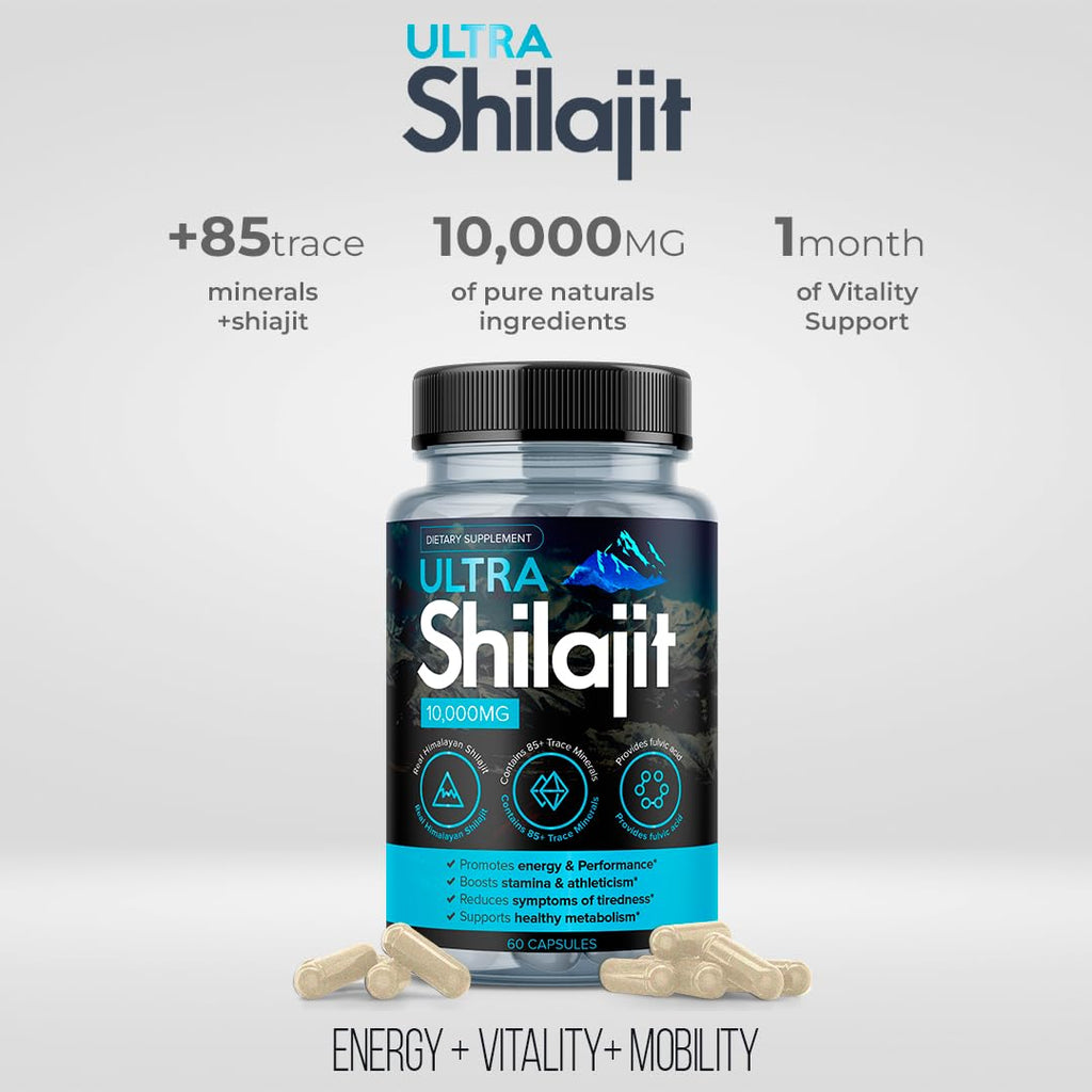 AURA VITAMINS Ultra Shilajit Supplement 10,000mg | 60 Caps | Premium Grade Shilajit Extract for Energy, Vitality & Immune Support