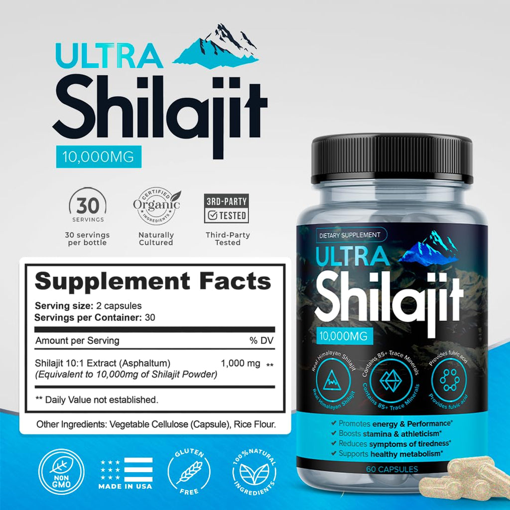 AURA VITAMINS Ultra Shilajit Supplement 10,000mg | 60 Caps | Premium Grade Shilajit Extract for Energy, Vitality & Immune Support