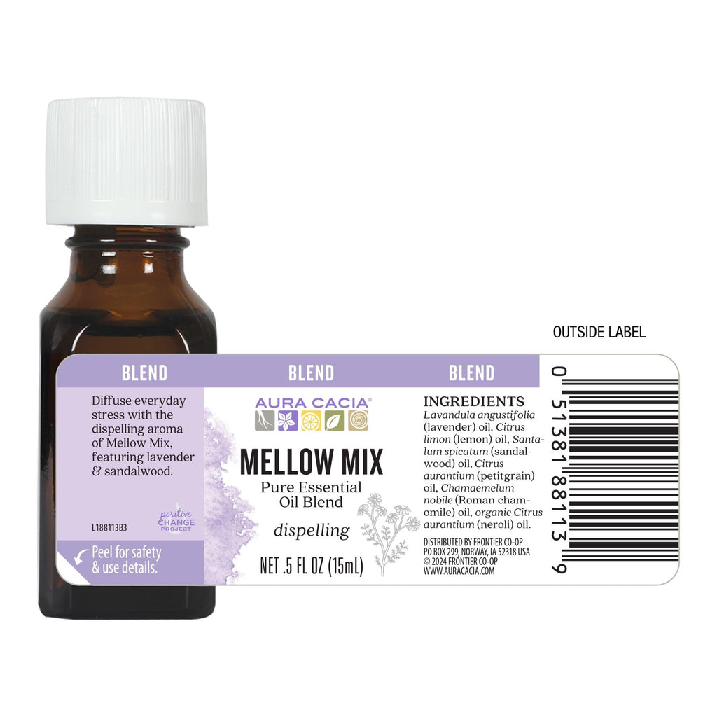 Aura Cacia Mellow Mix Essential Oil Blend — Calming Lavender, Chamomile & Neroli for Diffusion & Topical Use | 0.5 Fl Oz