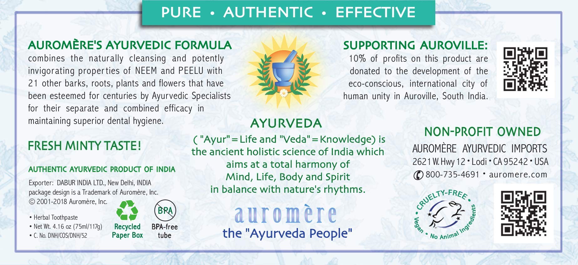 Auromere Ayurvedic Fresh Mint Toothpaste – Neem & Peelu, Vegan, Fluoride Free, 4.16 oz, 5 Pack