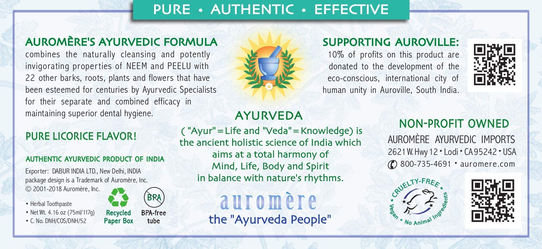 Auromere Ayurvedic Toothpaste - Mint Free, Vegan, Neem & Peelu (2 Pack)