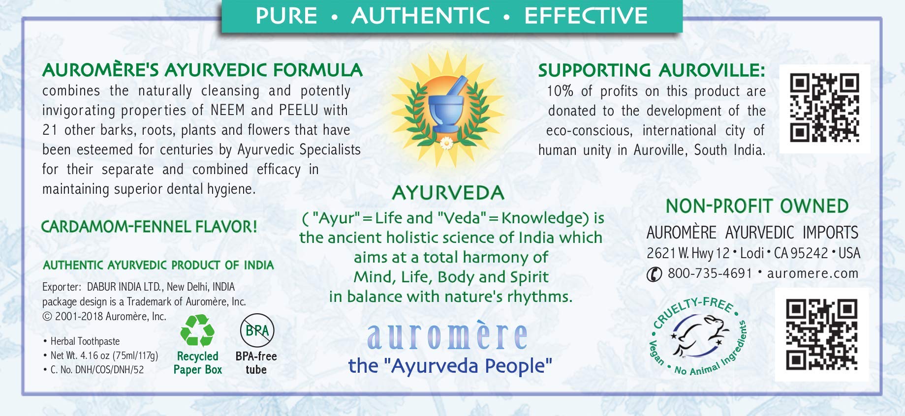 Auromere Ayurvedic Toothpaste – Cardamom Fennel, Foam-Free (4.16 oz)