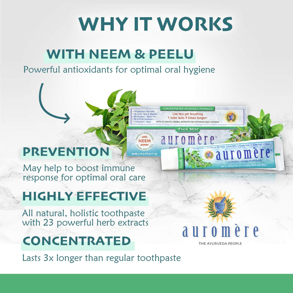 Auromere Ayurvedic Toothpaste – Fresh Mint, 4.16 oz, Vegan, Fluoride-Free, Gluten-Free | Neem & Peelu | 1 Pack