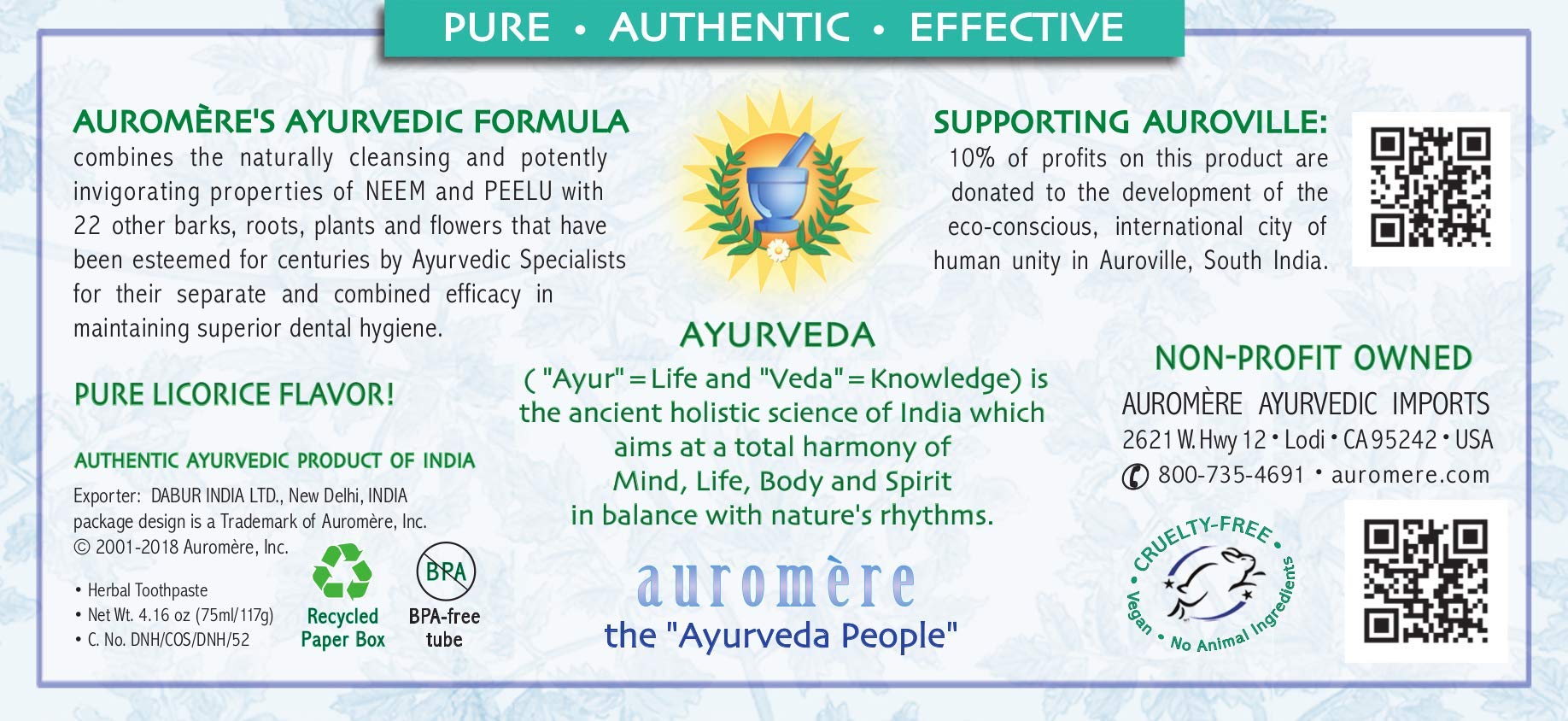 Auromere Ayurvedic Toothpaste Mint Free - Vegan, Fluoride Free, Neem & Peelu (4.16 oz)