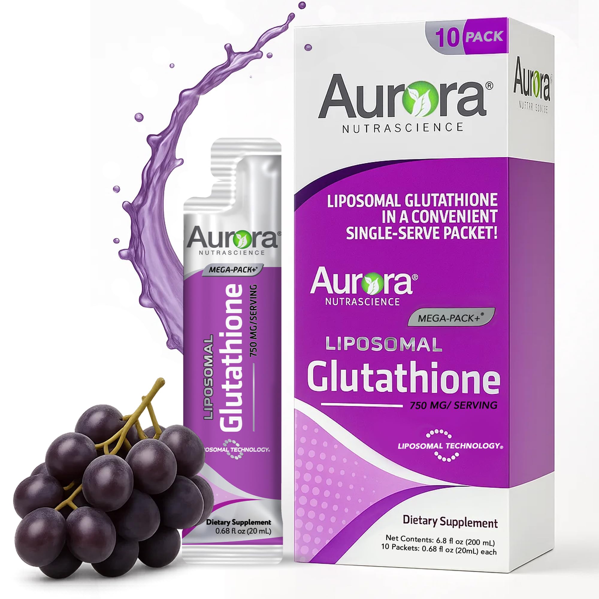 Aurora Nutrascience Mega-Liposomal Liquid Glutathione – 750 mg, Immune & Antioxidant Support (Non-GMO, Sugar-Free, 10 Packets)