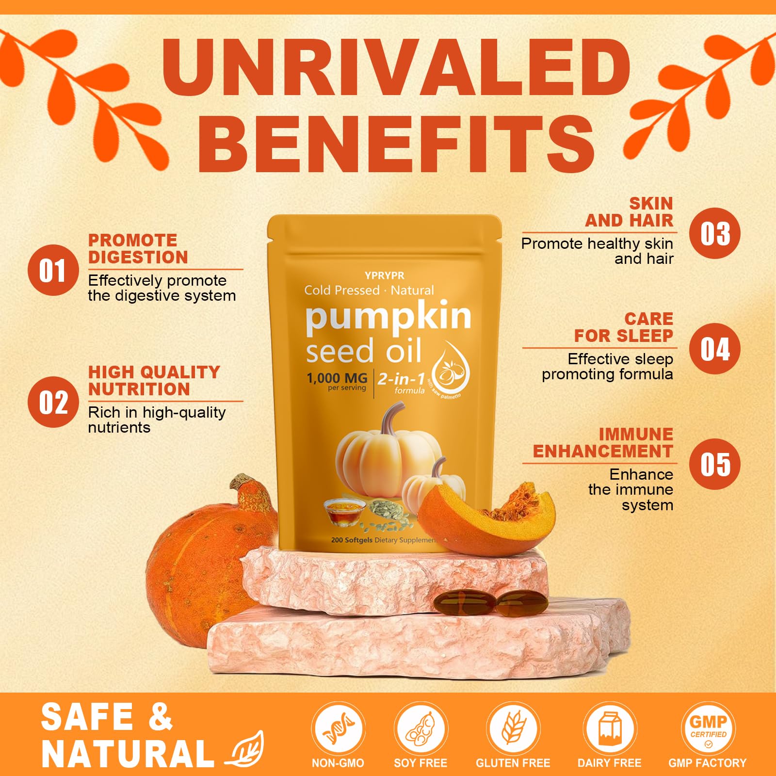 Aurove Pumpkin Seed Oil with Saw Palmetto Capsules — Cold Pressed, 200 Softgels