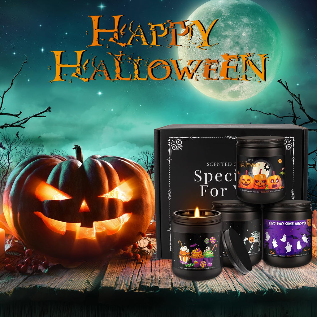 4 Pack 8oz Halloween Scented Candles – Soy Wax Home Decor Gift Set