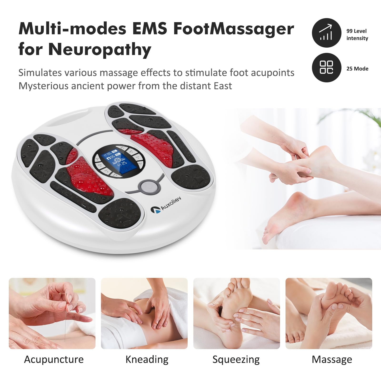 Auxoliev EMS Foot Massager for Neuropathy — 25 Modes, 99 Intensities, 4 TENS Pads, FSA Eligible