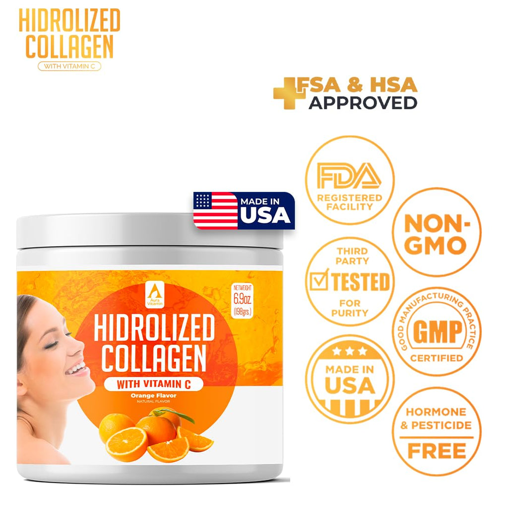 AV Orange Hydrolyzed Grass-Fed Collagen with Vitamin C – Powder Supplement (198g) | Non-GMO Verified